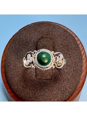 Malachite Bezel Set Beaded Border Ring VTG Solid Sterling Silver 925 Size 5